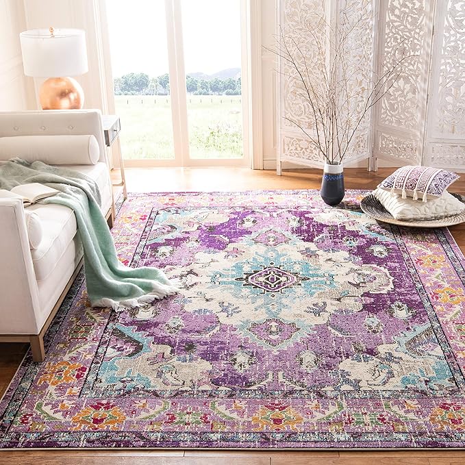 SAFAVIEH Monaco Collection Area Rug - 8' x 11', Violet & Light Blue, Boho Chic Medallion Distressed Design, Non-Shedding & Easy Care, Ideal for High Traffic Areas in Living Room, Bedroom (MNC243L)