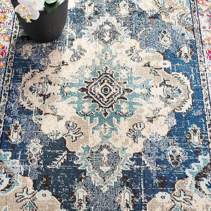 SAFAVIEH Monaco Collection Area Rug - 8' x 10', Navy & Light Blue, Boho Chic Medallion Distressed Design, Non-Shedding & Easy Care, Ideal for High Traffic Areas in Living Room, Bedroom (MNC243N)