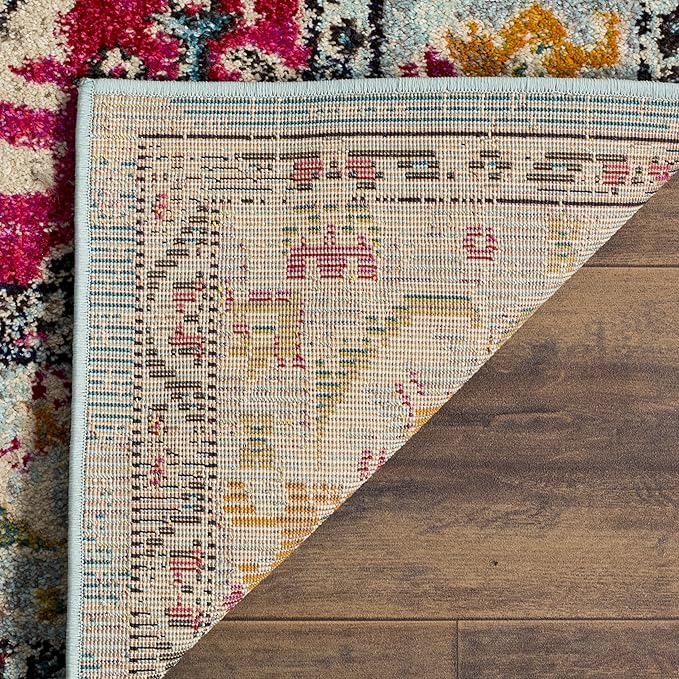 SAFAVIEH Monaco Collection Area Rug - 6'7" Square, Light Blue & Fuchsia, Boho Chic Medallion Distressed Design, Non-Shedding & Easy Care, Ideal for High Traffic Areas in Living Room, Bedroom (MNC243J)