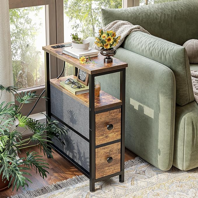 TIQLAB End Table with Charging Station, Narrow Side Table with 2 Fabric Drawers, Nightstand with LED Light, Slim Bedside Table for Bedroom, Living Room, Small Spaces, Brown
