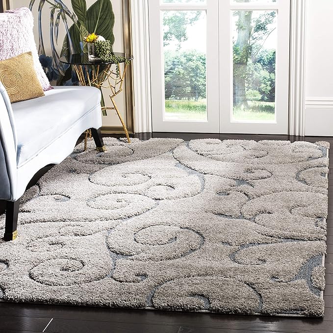 SAFAVIEH Florida Shag Collection Area Rug - 5'3" x 7'6", Grey & Light Blue, Scroll Design, Non-Shedding & Easy Care, 1.2-inch Thick Ideal for High Traffic Areas in Living Room, Bedroom (SG455-1160)