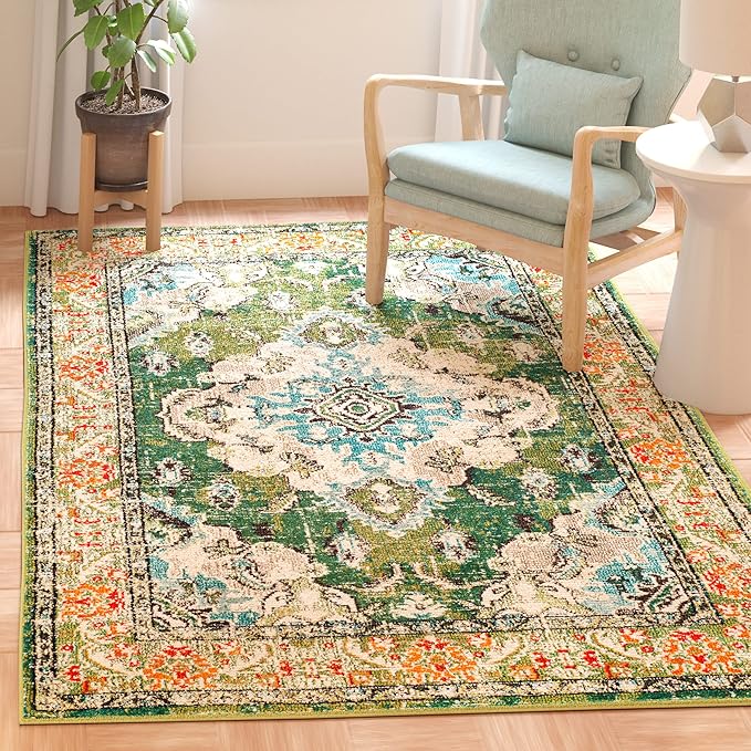 SAFAVIEH Monaco Collection Area Rug - 10' Square, Forest Green & Light Blue, Medallion Distressed Design, Non-Shedding & Easy Care, Ideal for High Traffic Areas in Living Room, Bedroom (MNC243F)