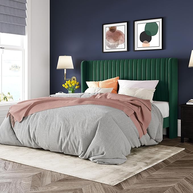 Allewie Full Size Bed Frame/Velvet Upholstered Platform Bed/Vertical Channel Tufted Wingback Headboard/Strong Wooden Slats/No Box Spring Needed/Easy Assembly/Green