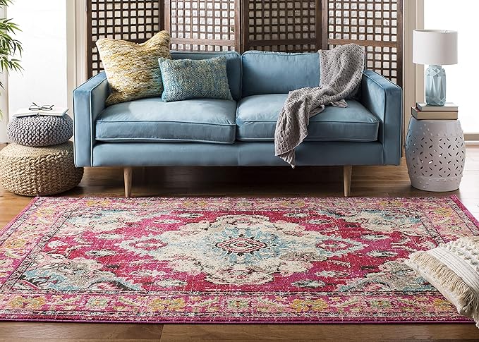 SAFAVIEH Monaco Collection Area Rug - 6'7" Square, Pink & Multi, Boho Chic Medallion Distressed Design, Non-Shedding & Easy Care, Ideal for High Traffic Areas in Living Room, Bedroom (MNC243D)