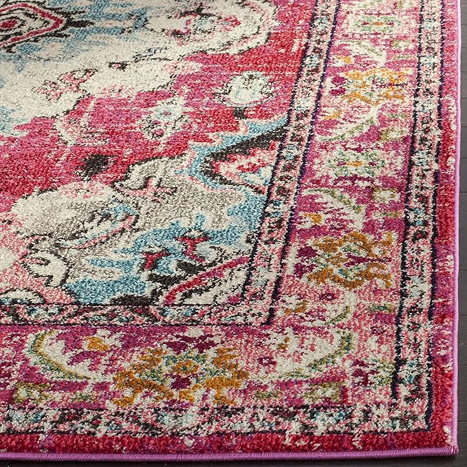 SAFAVIEH Monaco Collection X-Large Area Rug - 11' x 15', Pink & Multi, Boho Chic Medallion Distressed Design, Non-Shedding & Easy Care, Ideal for High Traffic Areas in Living Room, Bedroom (MNC243D)