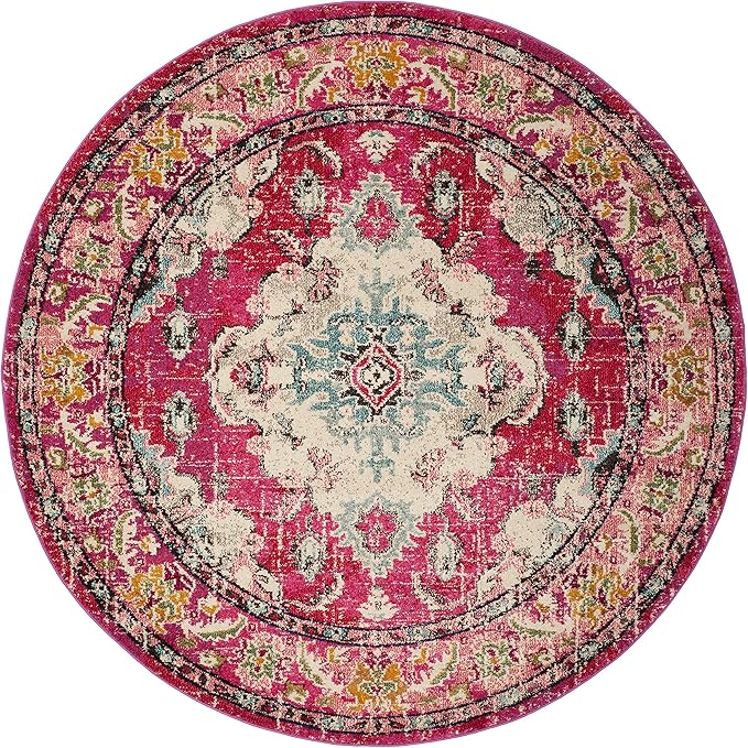 SAFAVIEH Monaco Collection Area Rug - 6'7" Round, Pink & Multi, Boho Chic Medallion Distressed Design, Non-Shedding & Easy Care, Ideal for High Traffic Areas in Living Room, Bedroom (MNC243D)