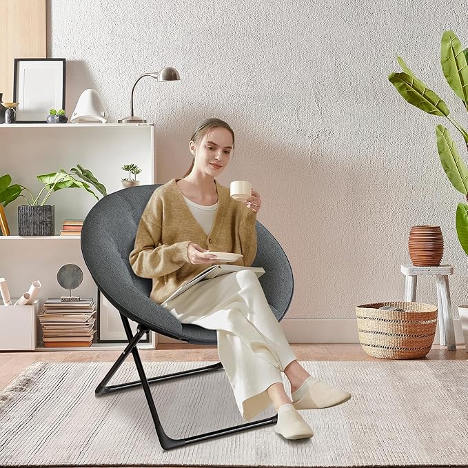 Comfy Saucer Chairs, Folding Reading Lounge Chair, Cozy Faux Fur Living Room Chair with Soft Thick Padded Seat & Metal Frame, Modern Style Bedroom Home for Kids Adults, X-Large, Gray
