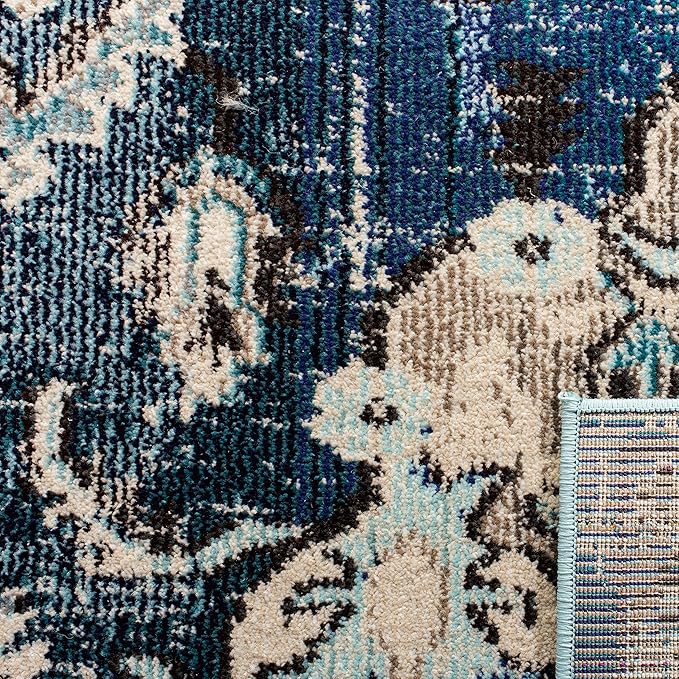 SAFAVIEH Monaco Collection Area Rug - 12' Round, Navy & Light Blue, Boho Chic Medallion Distressed Design, Non-Shedding & Easy Care, Ideal for High Traffic Areas in Living Room, Bedroom (MNC243N)