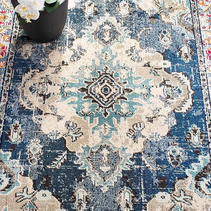 SAFAVIEH Monaco Collection Area Rug - 5'1" x 7'7", Navy & Light Blue, Boho Chic Medallion Distressed Design, Non-Shedding & Easy Care, Ideal for High Traffic Areas in Living Room, Bedroom (MNC243N)