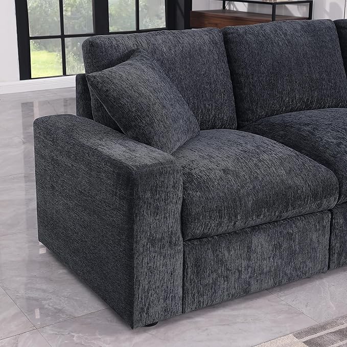 127" Modular Sectional Sofa,Modern Oversized Cloud Couch with Cup Holder&USB Port,7 Seat Convertible L-Shaped Chenille Sofas W/Ottoman,Pillows&Storage Box,Comfy Couches for Living Room,Dark Gray
