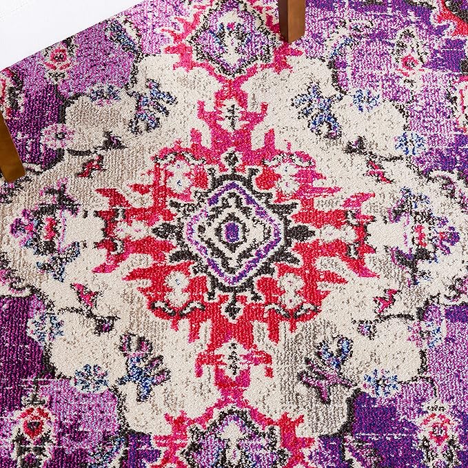 SAFAVIEH Monaco Collection Accent Rug - 4' x 5'7", Violet & Fuchsia, Medallion Distressed Design, Non-Shedding & Easy Care, Ideal for High Traffic Areas in Entryway, Living Room, Bedroom (MNC243P)