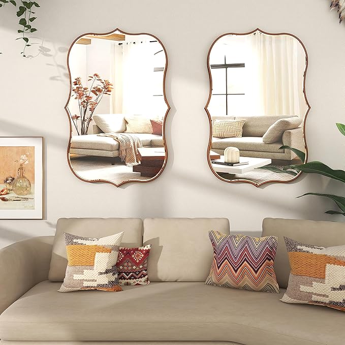 SHYFOY Antique Gold Mirrors for Wall Decor Decorative Wall Mirror Large 25" L x 36" W, Asymmetrical Wavy Accent Mirror with Scalloped Wood Frame, Bronze Farmhouse Traditional Mirror