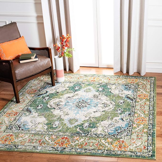 SAFAVIEH Monaco Collection Area Rug - 4' Square, Forest Green & Light Blue, Medallion Distressed Design, Non-Shedding & Easy Care, Ideal for High Traffic Areas in Living Room, Bedroom (MNC243F)