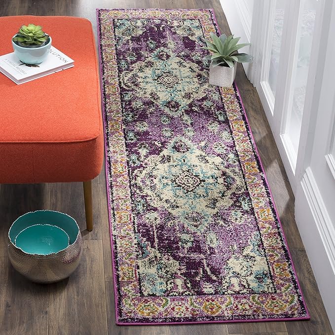 SAFAVIEH Monaco Collection Runner Rug - 2'2" x 14', Violet & Light Blue, Boho Chic Medallion Distressed Design, Non-Shedding & Easy Care, Ideal for High Traffic Areas in Living Room, Bedroom (MNC243L)