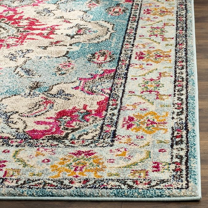 SAFAVIEH Monaco Collection Area Rug - 6'7" Square, Light Blue & Fuchsia, Boho Chic Medallion Distressed Design, Non-Shedding & Easy Care, Ideal for High Traffic Areas in Living Room, Bedroom (MNC243J)