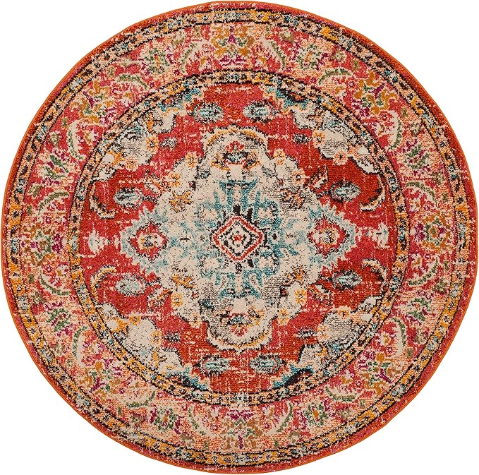 SAFAVIEH Monaco Collection Area Rug - 11' Round, Orange & Light Blue, Boho Chic Medallion Distressed Design, Non-Shedding & Easy Care, Ideal for High Traffic Areas in Living Room, Bedroom (MNC243H)
