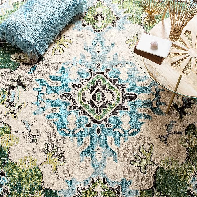 SAFAVIEH Monaco Collection 2'2" x 22' Forest GreenLight Blue MNC243F Boho Chic Medallion Distressed Non-Shedding Living Room Bedroom Runner Rug