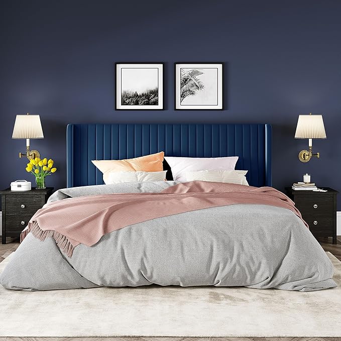 Allewie King Size Velvet Bed Frame/Vertical Channel Tufted Wingback Headboard/Upholstered Platform Bed/Strong Wooden Slats/No Box Spring Needed/Easy Assembly/Blue