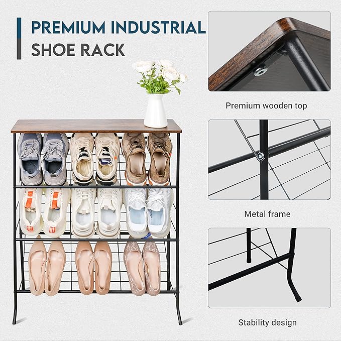 Narrow Shoe Rack for Front Door Entrance,4-Tier Shoes Rack Storage Organizer with 3 Slanted Shelves and Top Shelf for Entryway,Skinny Space Saving Shoe Rack, Black