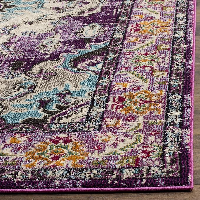 SAFAVIEH Monaco Collection Area Rug - 5' Square, Violet & Light Blue, Boho Chic Medallion Distressed Design, Non-Shedding & Easy Care, Ideal for High Traffic Areas in Living Room, Bedroom (MNC243L)