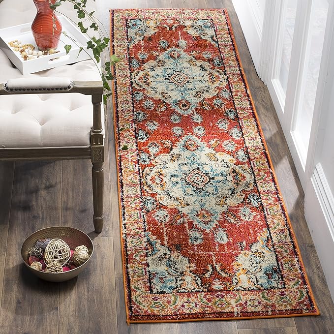 SAFAVIEH Monaco Collection Runner Rug - 2'2" x 22', Orange & Light Blue, Boho Chic Medallion Distressed Design, Non-Shedding & Easy Care, Ideal for High Traffic Areas in Living Room, Bedroom (MNC243H)