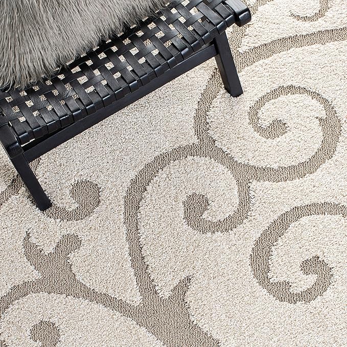 SAFAVIEH Florida Shag Collection Area Rug - 6'7" Square, Ivory & Beige, Scroll Design, Non-Shedding & Easy Care, 1.2-inch Thick Ideal for High Traffic Areas in Living Room, Bedroom (SG455-13LT)
