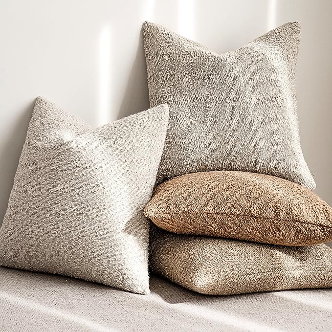Foindtower Pack of 2 Textured Boucle Throw Pillow Covers Accent Solid Pillow Cases Cozy Soft Decorative Couch Cushion Case for Chair Sofa Bedroom Living Room Home Decor, 18 x 18 Inch,Neutral Ivory
