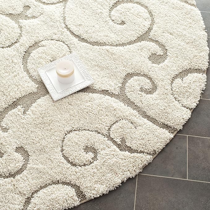 SAFAVIEH Florida Shag Collection Area Rug - 9' Round, Cream & Beige, Scroll Design, Non-Shedding & Easy Care, 1.2-inch Thick Ideal for High Traffic Areas in Living Room, Bedroom (SG455-1113)